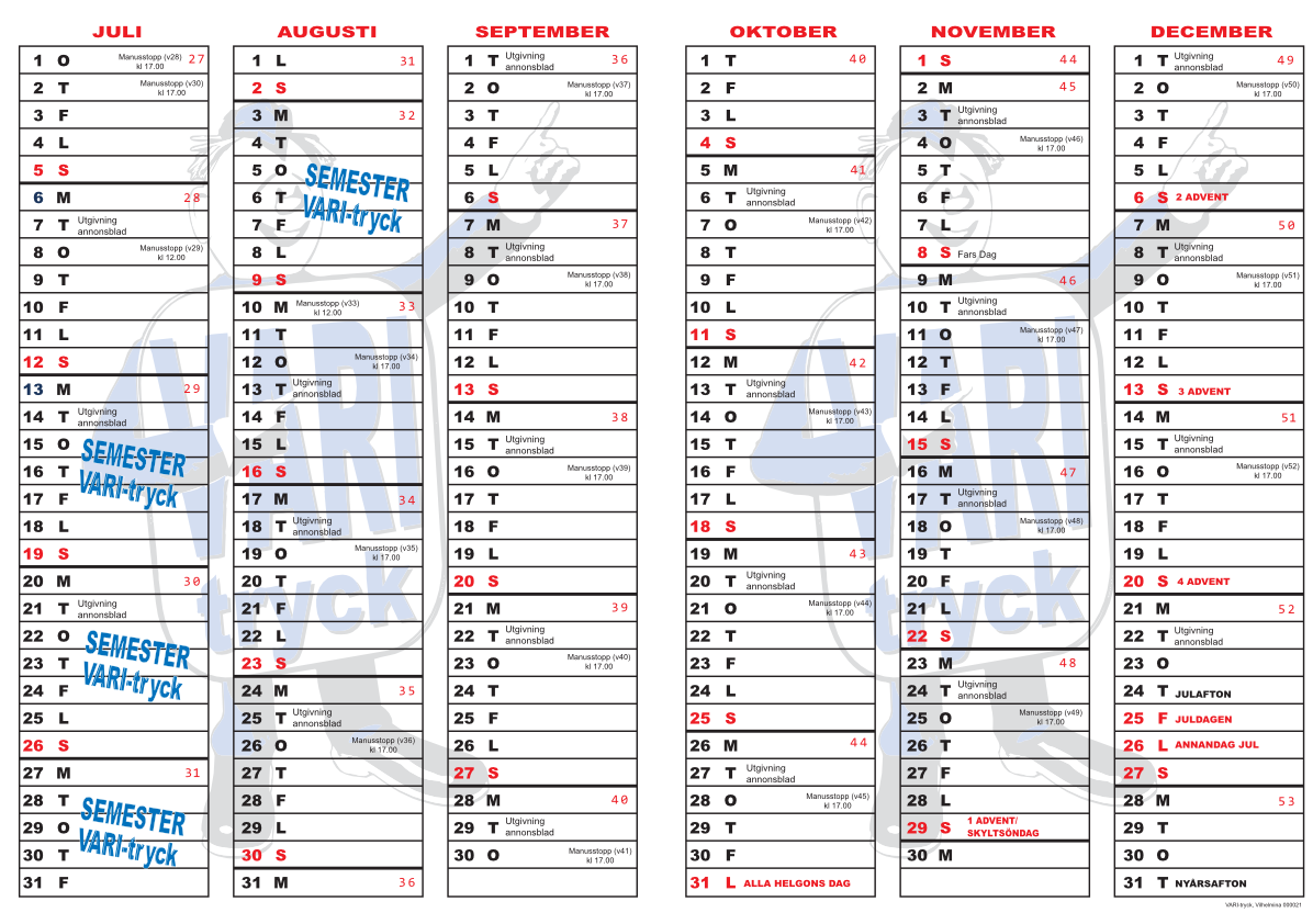 Utgivningskalender 2026 för Åsele-Nytt, Vilhelmina-Aktuellt och Dorotea-Bladet